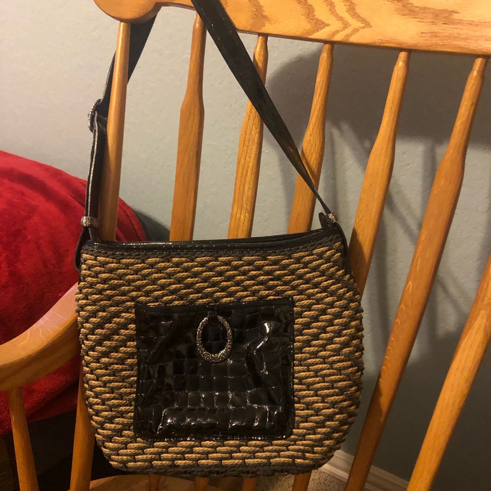 Brighton Brown Woven Shoulder Bag with Black Patent Pocket